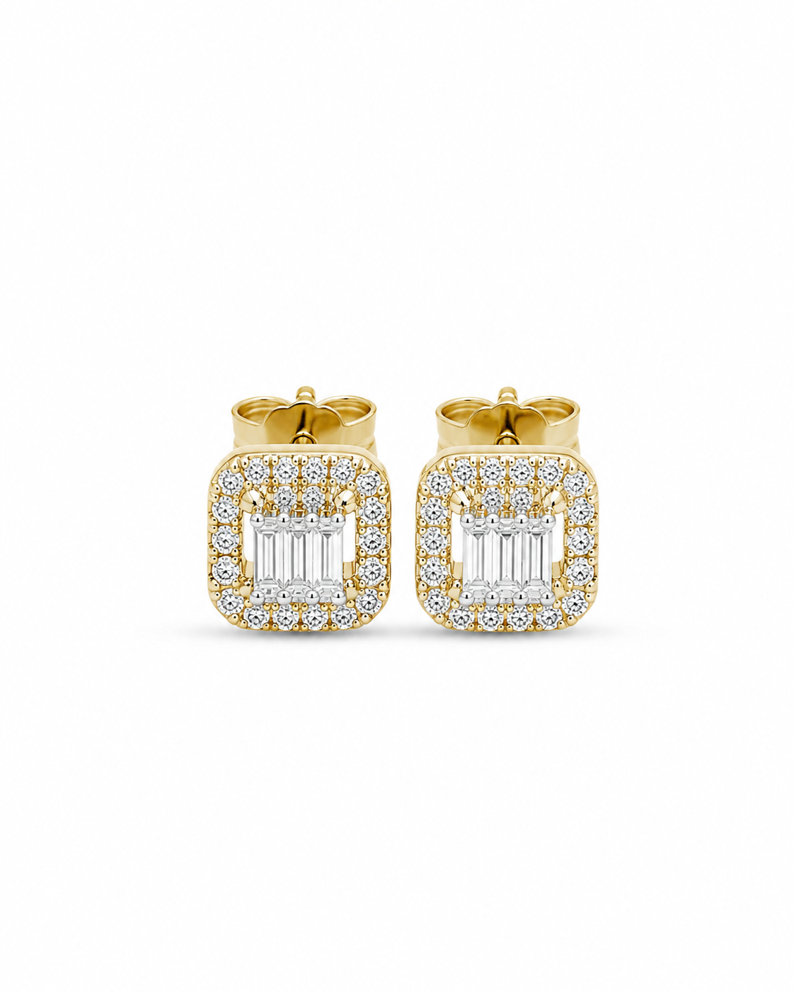 Classic Cushion Baguette Golden Stud Diamond Earrings 14K