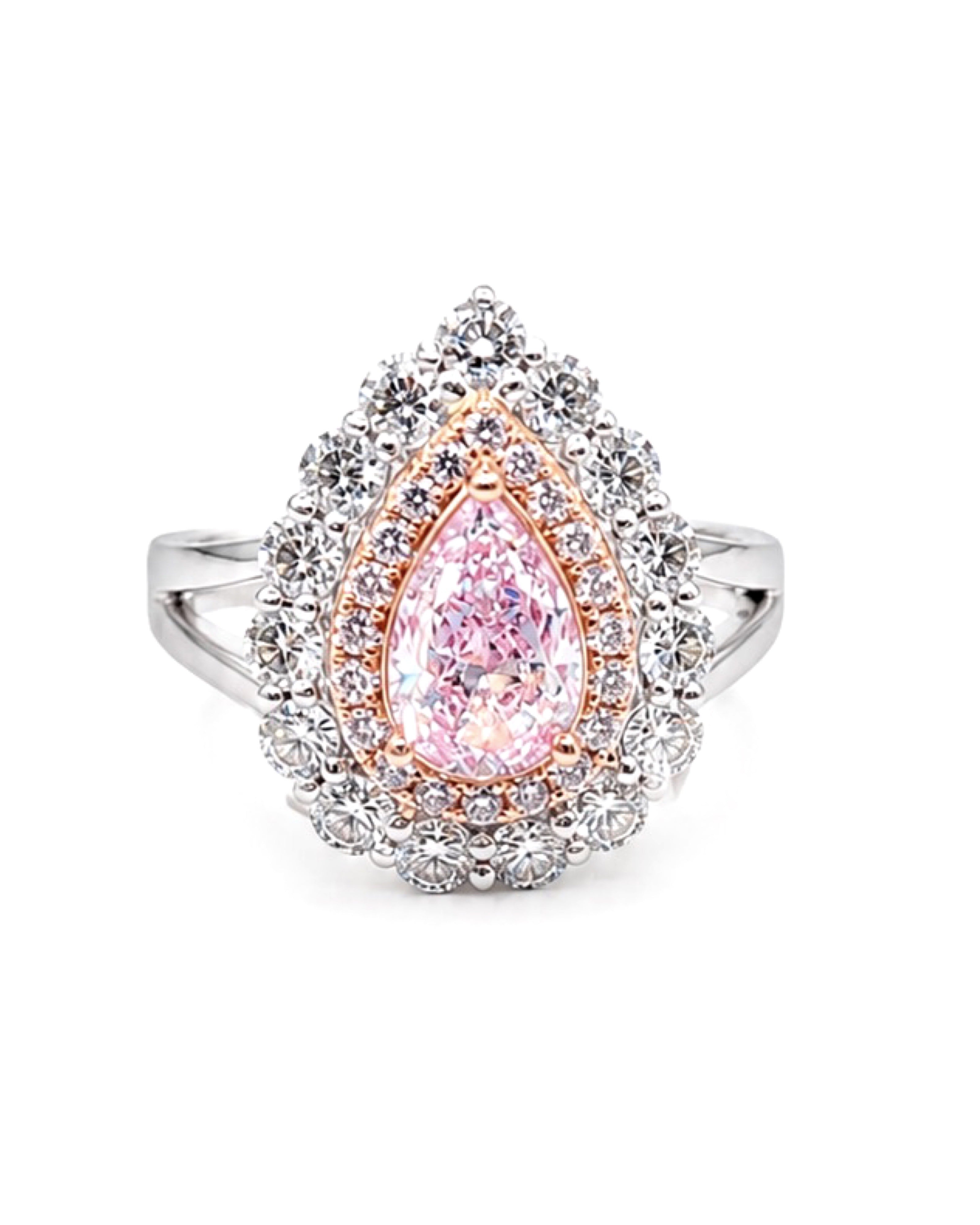 Rare Fancy Pink Pear Double Halo Diamond Ring 14K