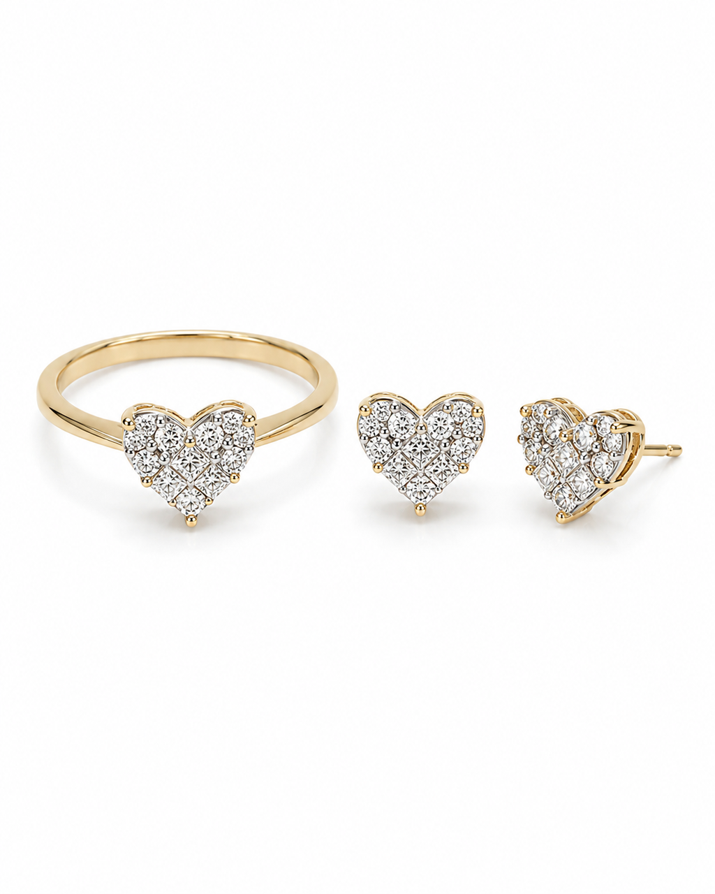 Classic Heart Invisible Setting Stud Diamond Jewelry Set 14K