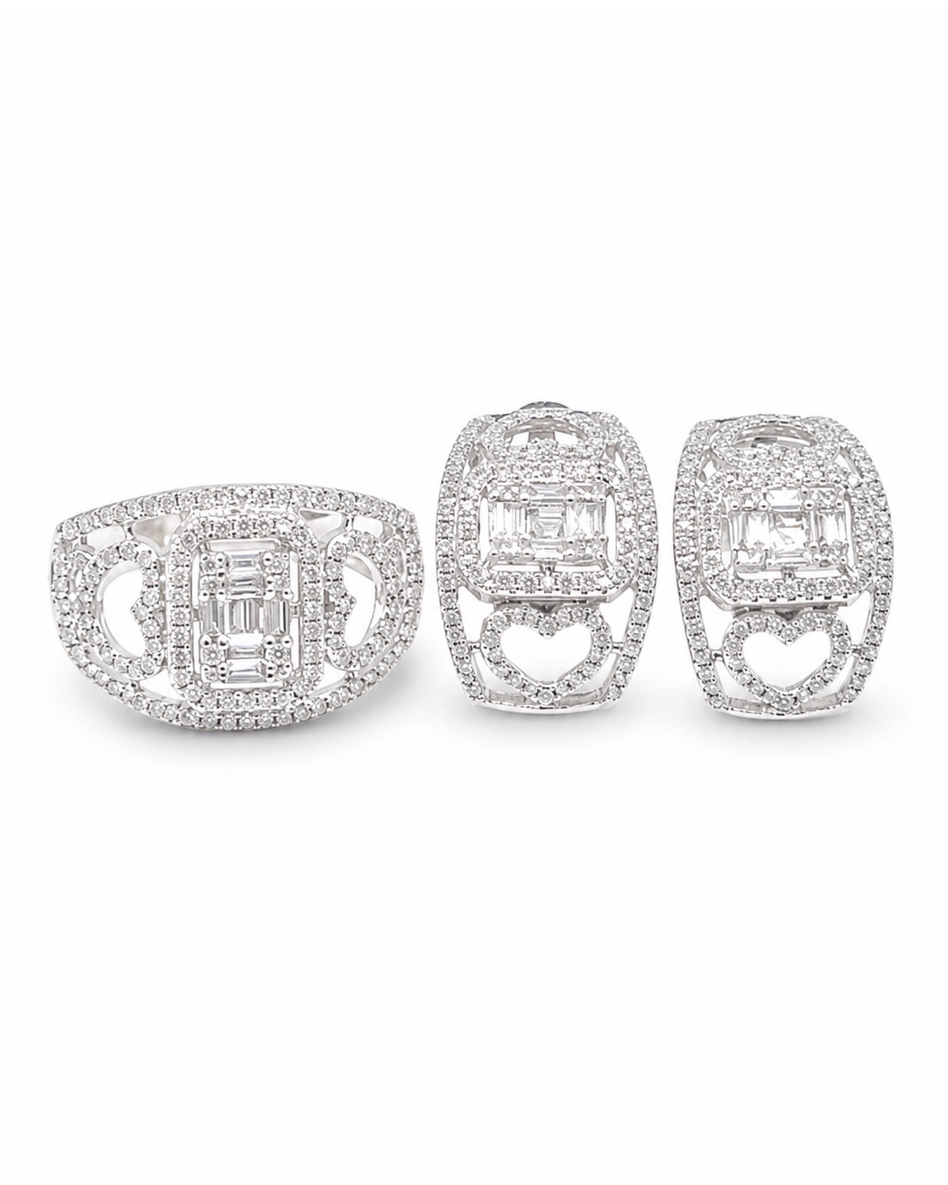 Classic Emerald Halo Heart Deco Hoop Diamond Jewelry Set 14K