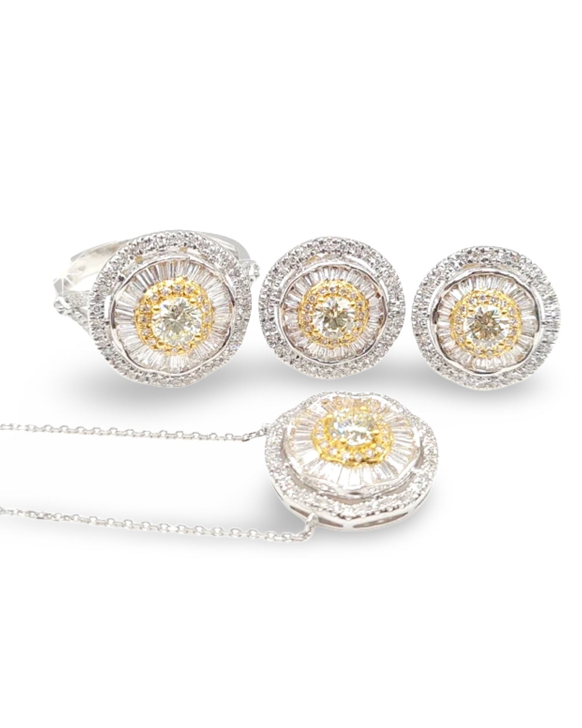 Golden Round Halo Baguette Diamond Jewelry Set 14K