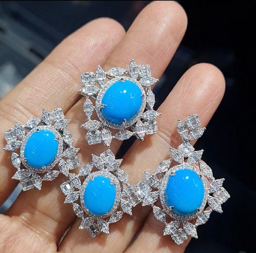 Oval Turquoise Gemstones Halo Cluster Statement Diamond Jewelry Set 14K