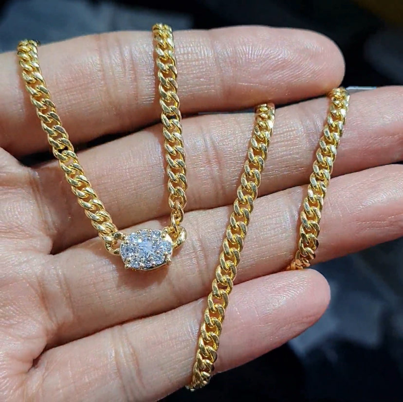 Classic Oval Solitaire Pave Diamond Curve Chain Necklace 10K