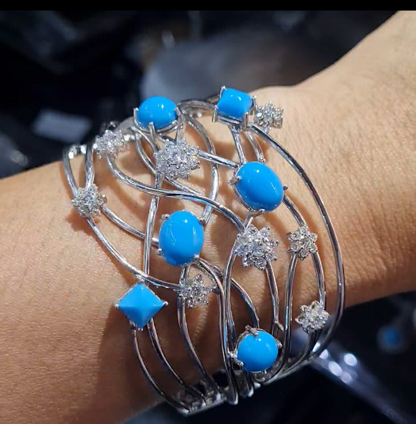 Turquoise Gemstone Rositas Cluster Shape Bangle Diamond Bracelet 18K