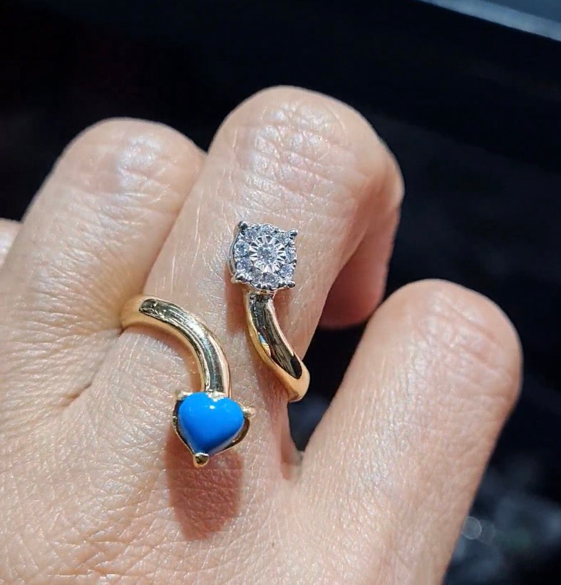 Turquoise Gemstones Heart Round Overlap Diamond Ring 14K