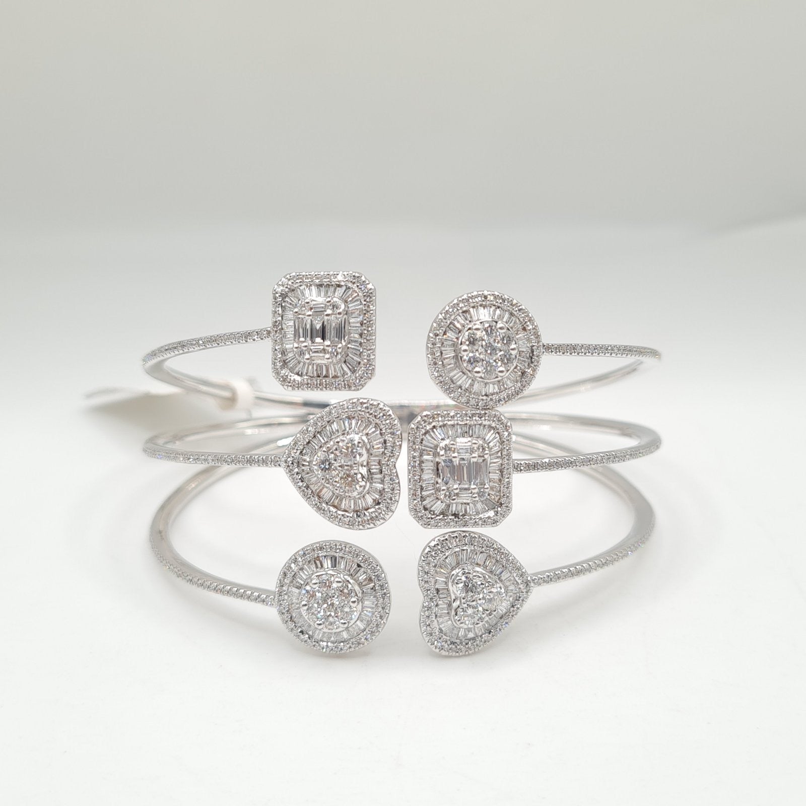 XX Classic White Gold Multi Shape Cuff Diamond Pave Bangle Bracelet 14K