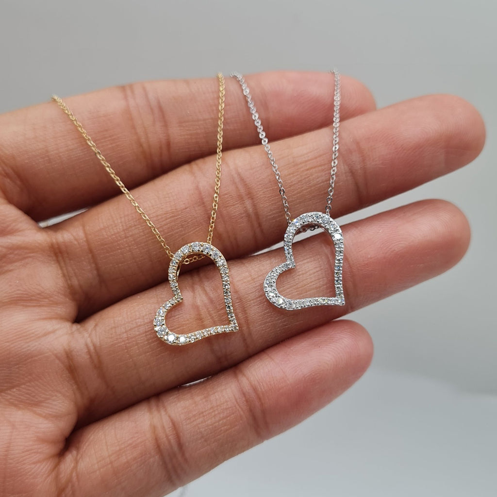 Classic Heart Halo Paved Diamond Necklace 14K