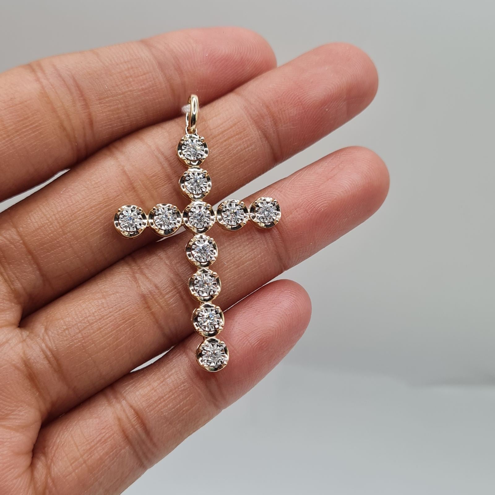 Golden Cross Solitaire Round Paved Diamond Pendant 14K