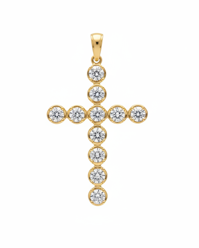 Golden Cross Solitaire Round Paved Diamond Pendant 14K