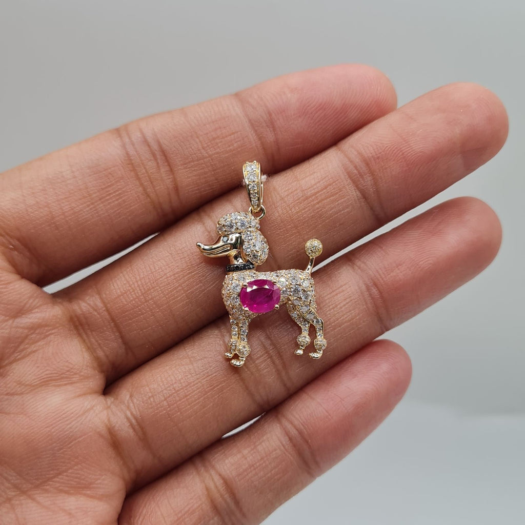 Art Deco Poodle Pink Ruby Gemstone Paved Diamond Necklace Pendant 14K