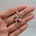 Art Deco Poodle Pink Ruby Gemstone Paved Diamond Necklace Pendant 14K