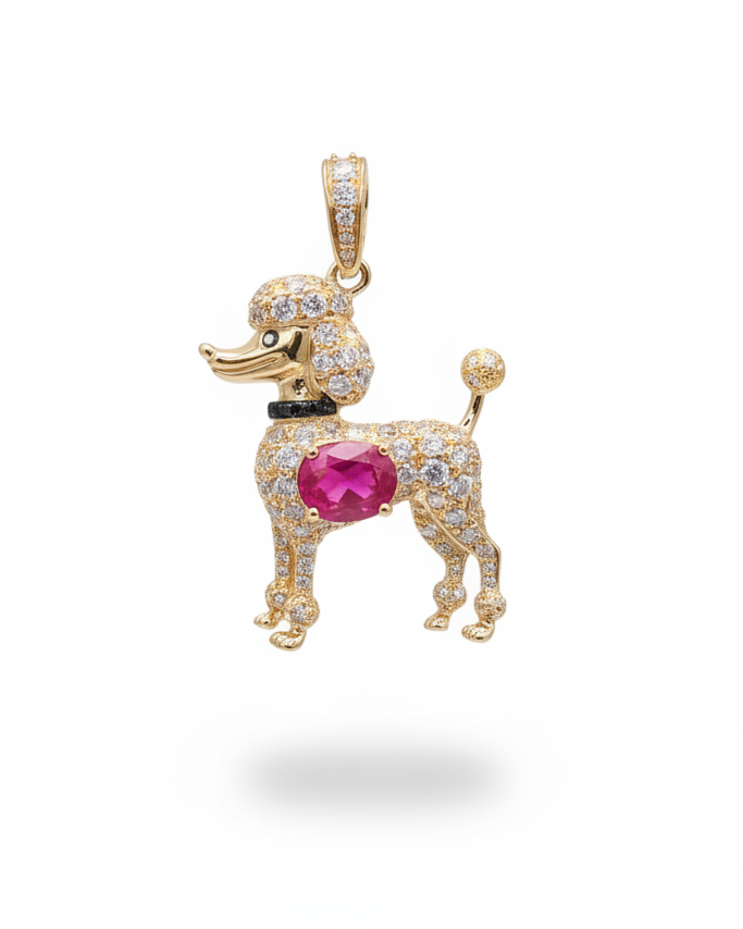 Art Deco Poodle Pink Ruby Gemstone Paved Diamond Necklace Pendant 14K