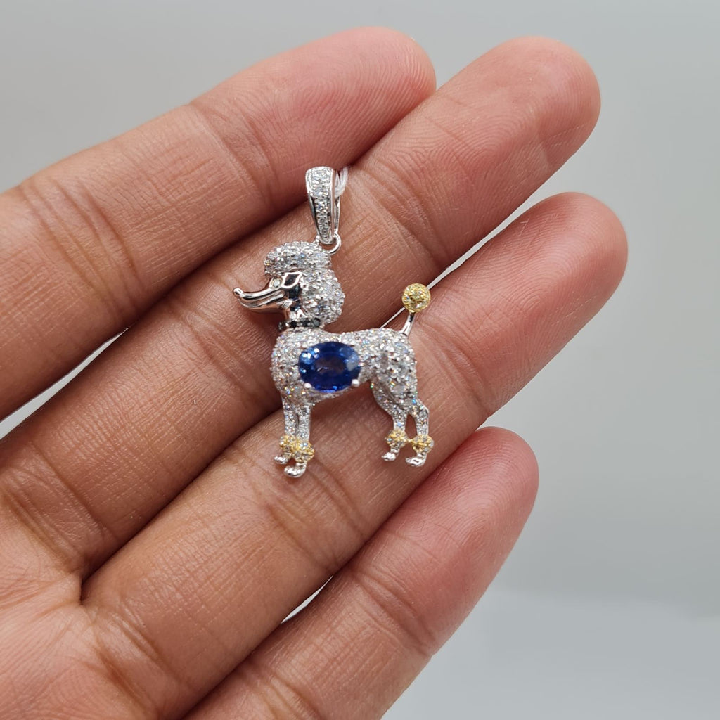Art Deco Poodle Blue Sapphire Gemstone Paved Diamond Necklace Pendant 14K
