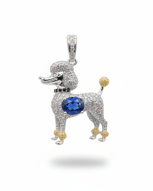 Art Deco Poodle Blue Sapphire Gemstone Paved Diamond Necklace Pendant 14K