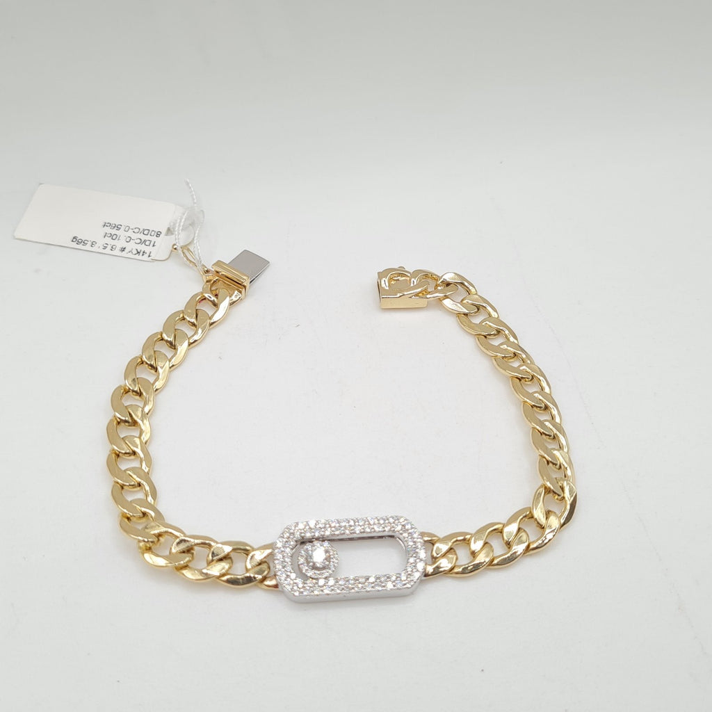 Two-Tone Square Sliding Center Diamond Curb Link Bracelet 14K