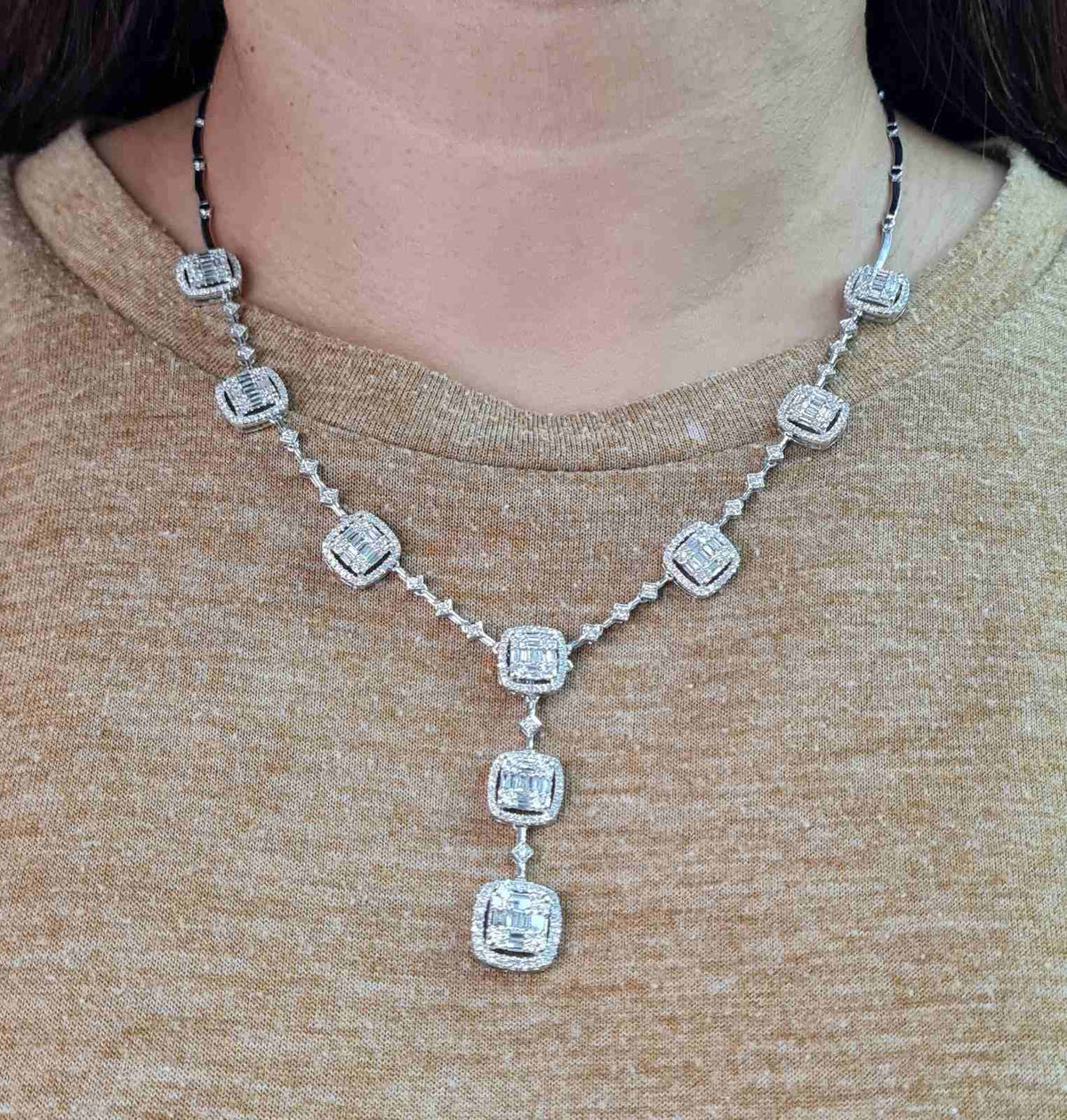 Classic Cushion Drop Statement Diamond Necklace 14K