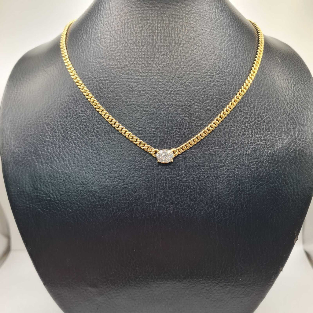 Classic Oval Solitaire Pave Diamond Curve Chain Necklace 10K