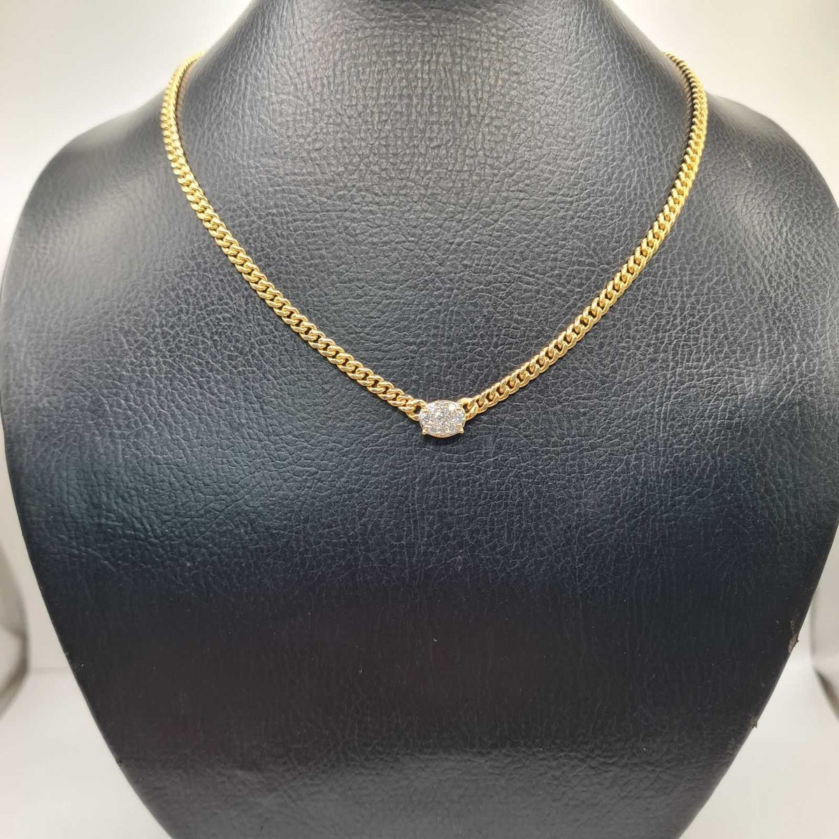 Classic Oval Solitaire Pave Diamond Curve Chain Necklace 10K