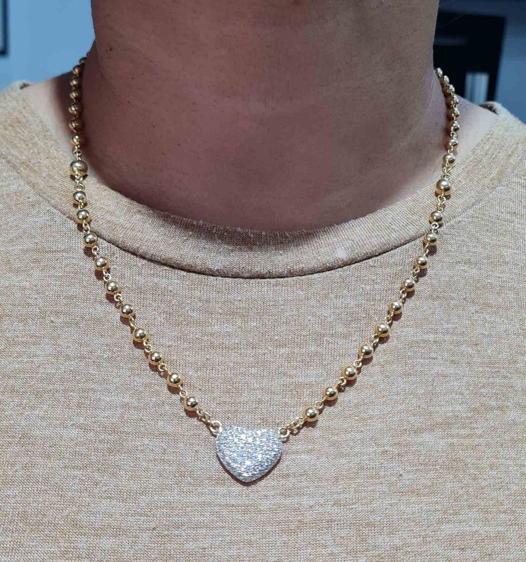 Classic Heart Golden Running Ball Chain Diamond Necklace 14K