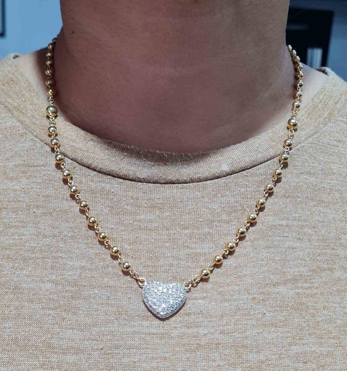 Classic Heart Golden Running Ball Chain Diamond Necklace 14K