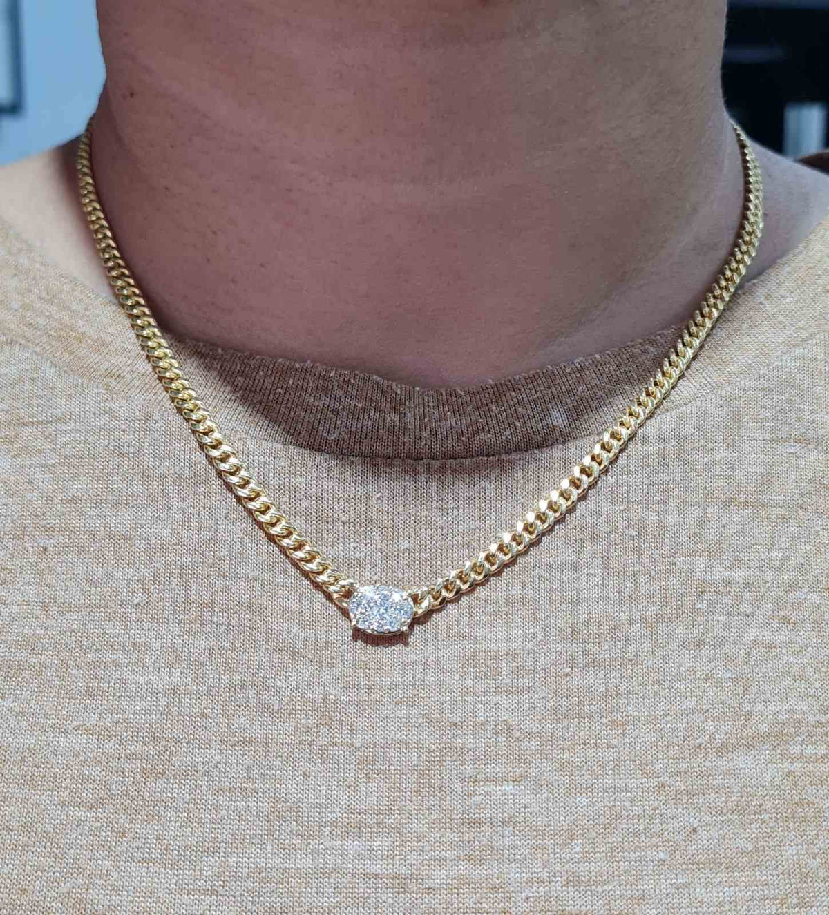 Classic Oval Solitaire Pave Diamond Curve Chain Necklace 10K
