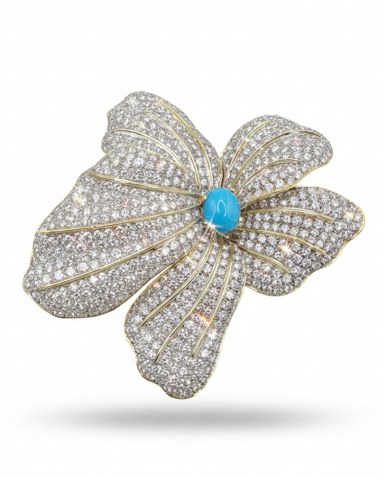 Golden Bloom Turquoise Gemstone Center Diamond Pendant Brooch 18K