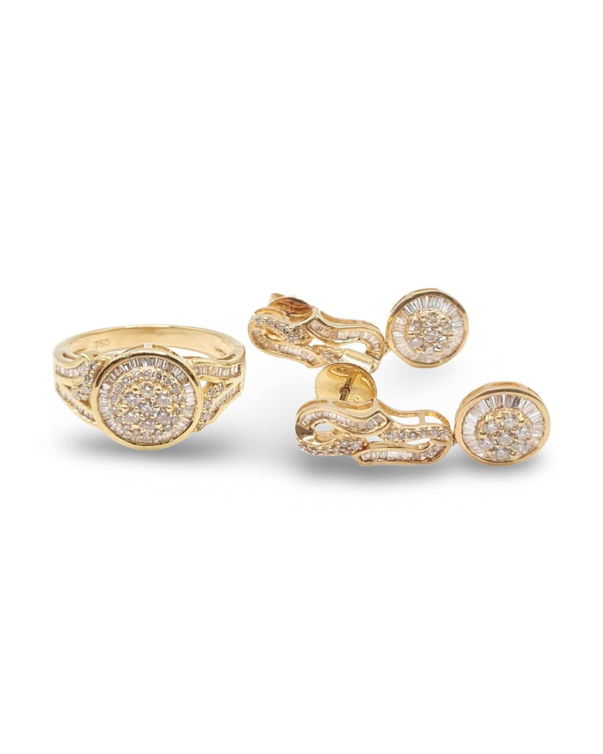 Classic Round Baguette Diamond Pave Dangling Jewelry Set 18K