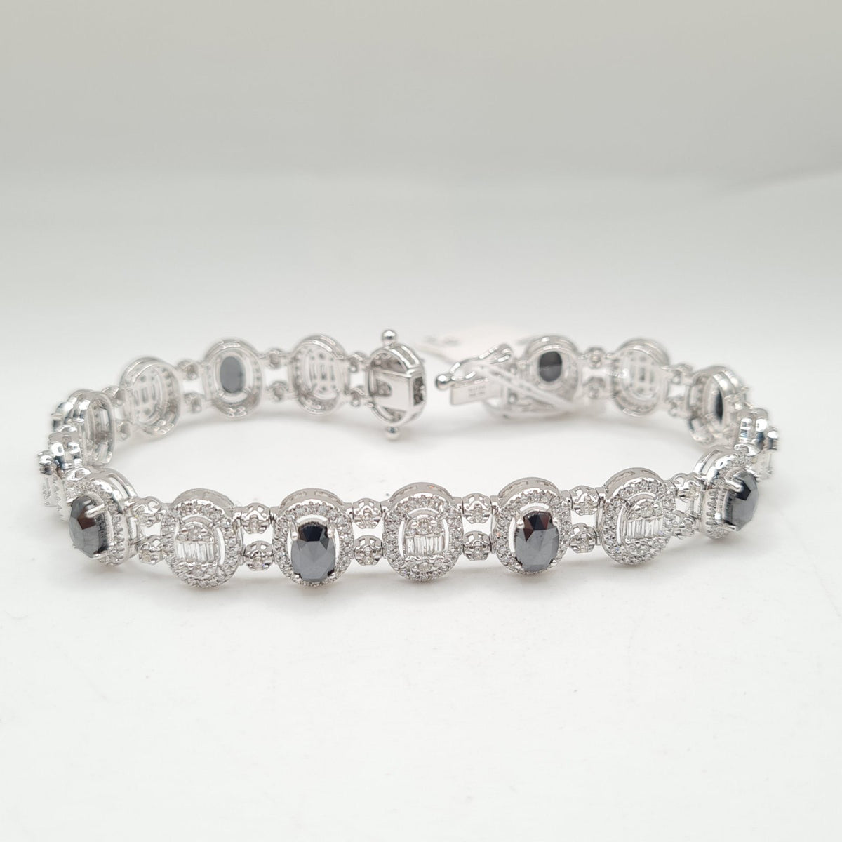 XX Classic White Gold Oval Halo Full Eternity Black-White Diamond Pave Bracelet 14K