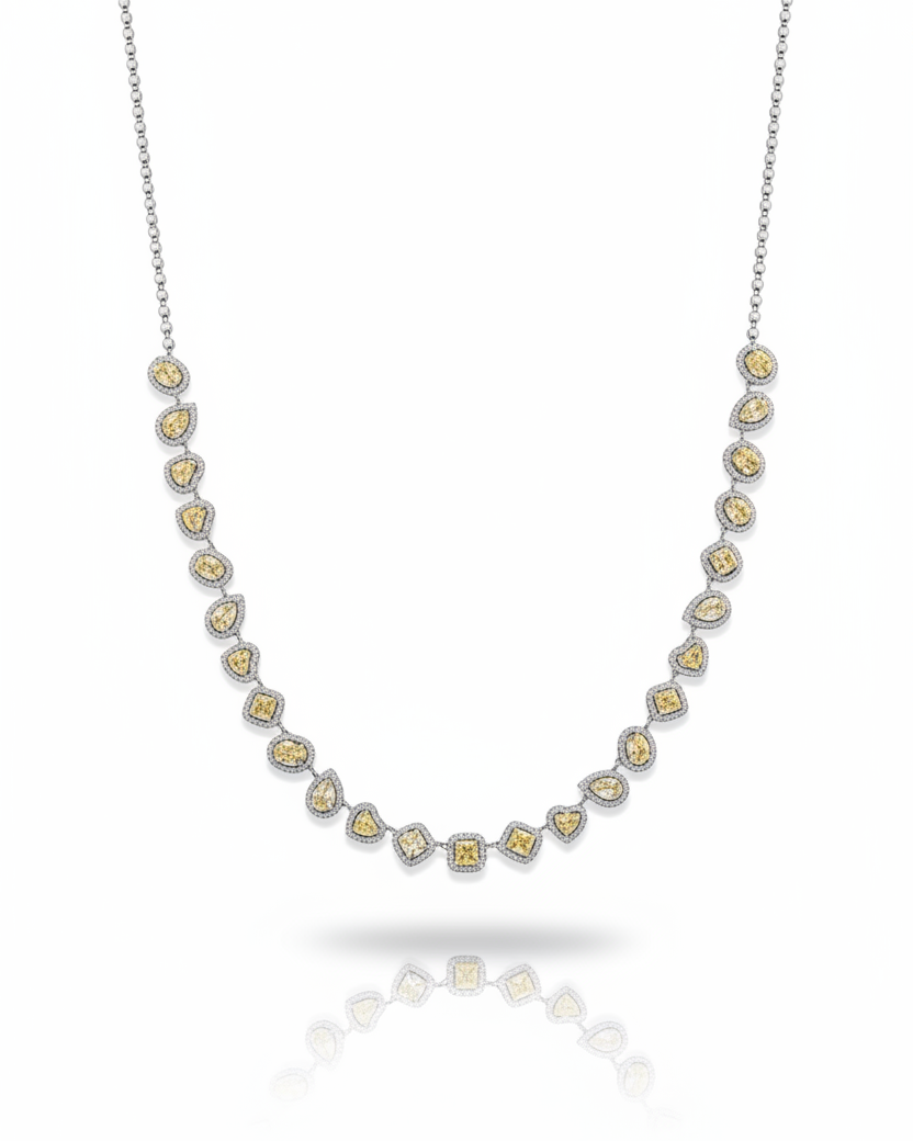 Multi-Shape Rare Fancy Yellow Colored Diamonds Half Eternity Diamond Necklace 14K