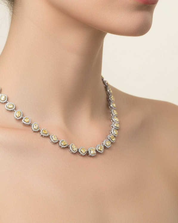 Multi-Shape Rare Fancy Yellow Colored Diamonds Half Eternity Diamond Necklace 14K