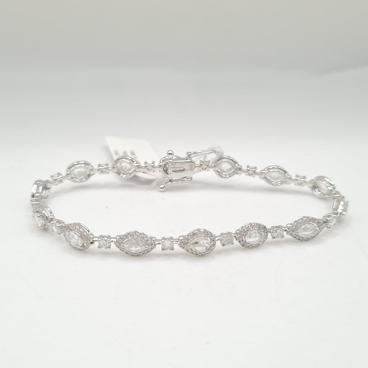 XX Classic White Gold Multi Shape Solitaire Center Halo Pave Diamond Bracelet 14K