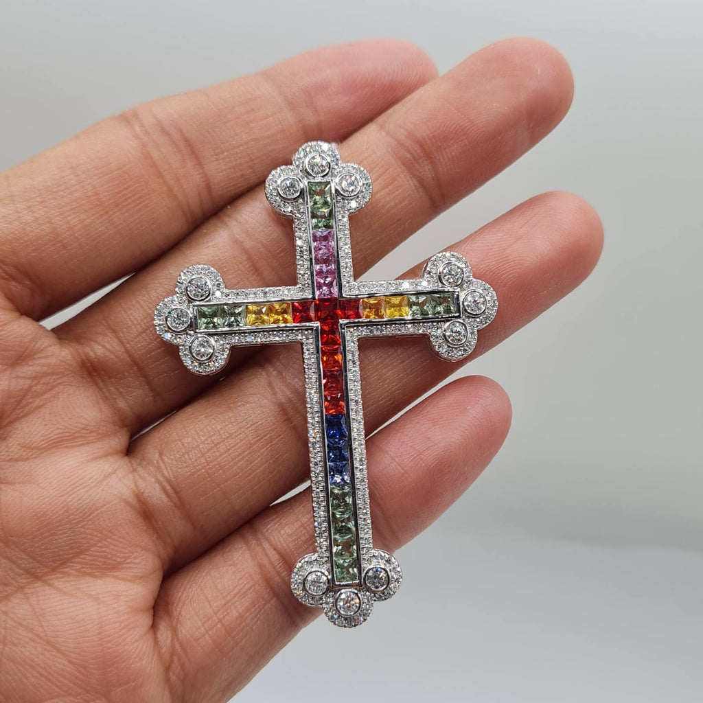 Rainbow Sapphire Gemstones Paved Cross Diamond Necklace Pendant 14K