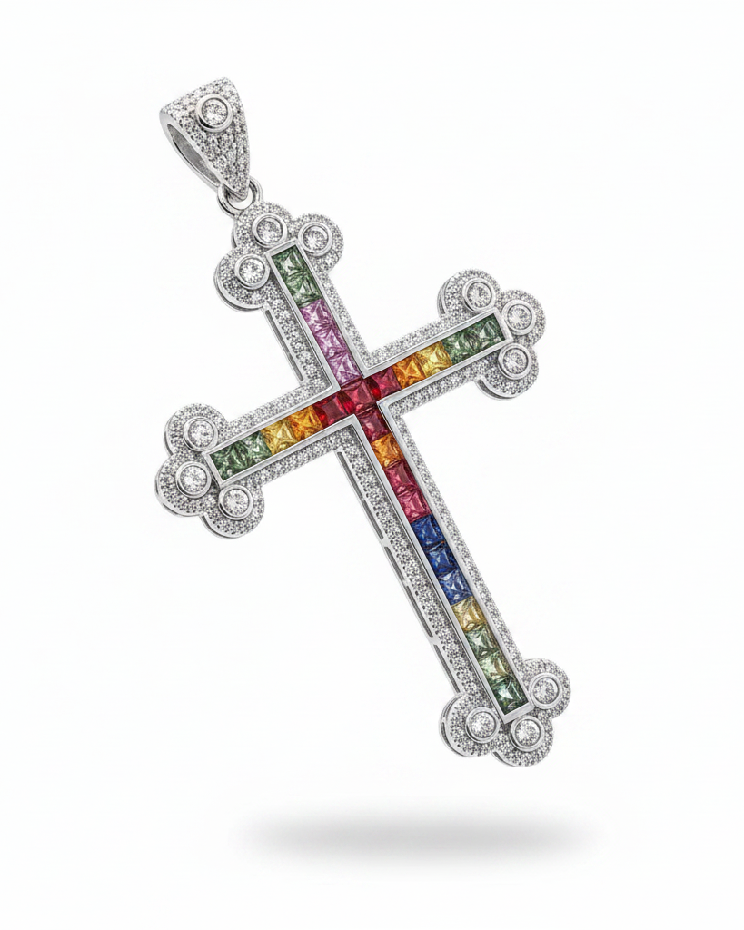 Rainbow Sapphire Gemstones Paved Cross Diamond Necklace Pendant 14K