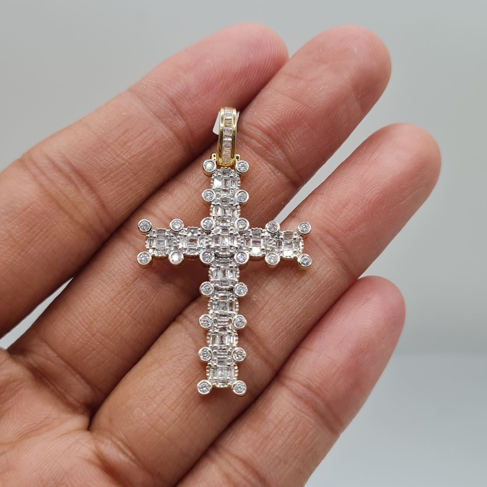 Golden Deco Paved Cross Diamond Necklace Pendant 14K