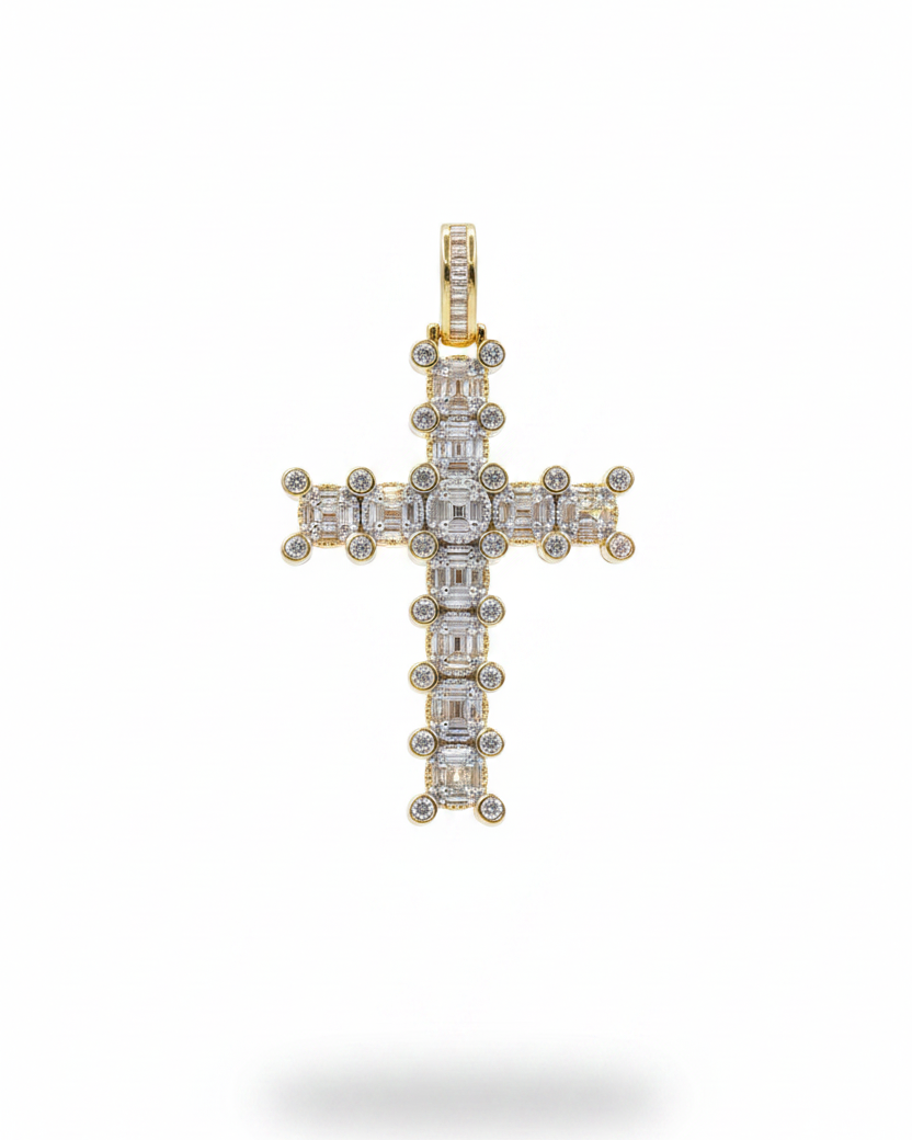 Golden Deco Paved Cross Diamond Necklace Pendant 14K