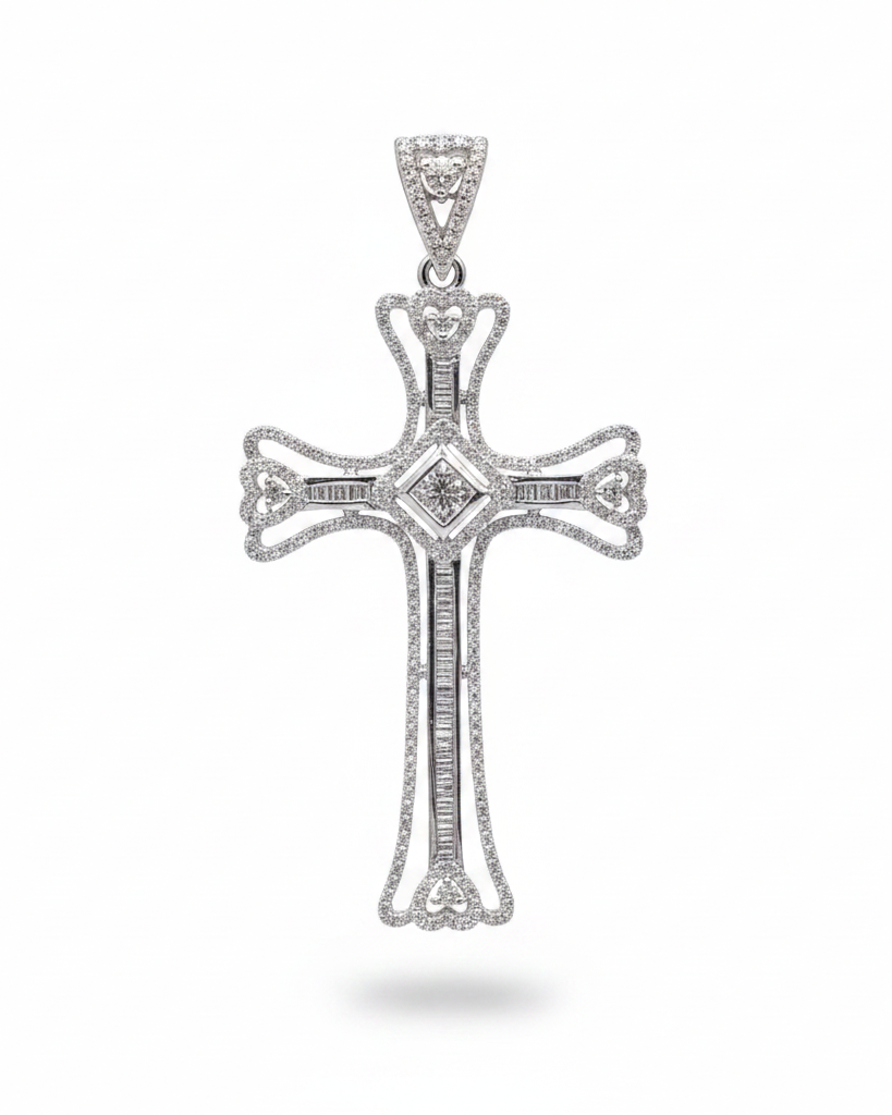 Halo Baguette Cross Diamond Necklace Pendant 14K
