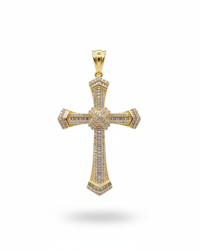 Golden Paved Cross Diamond Necklace Pendant 14K