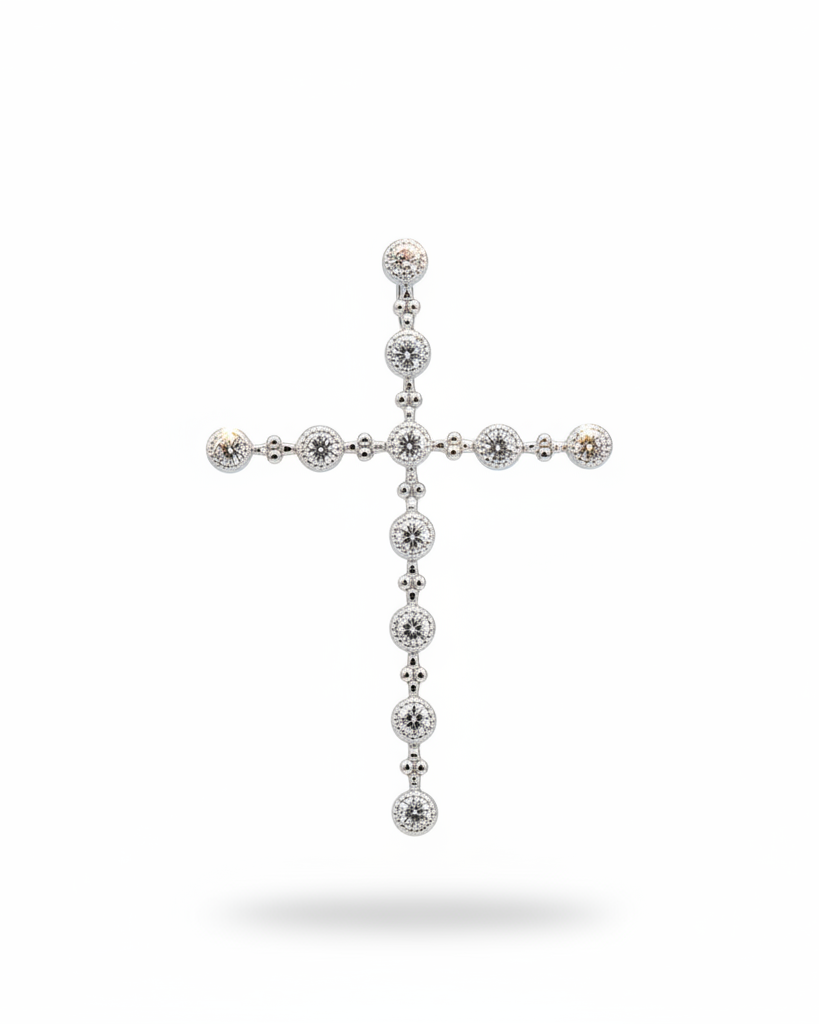 Round Bezel Links Cross Diamond Necklace Pendant 18K