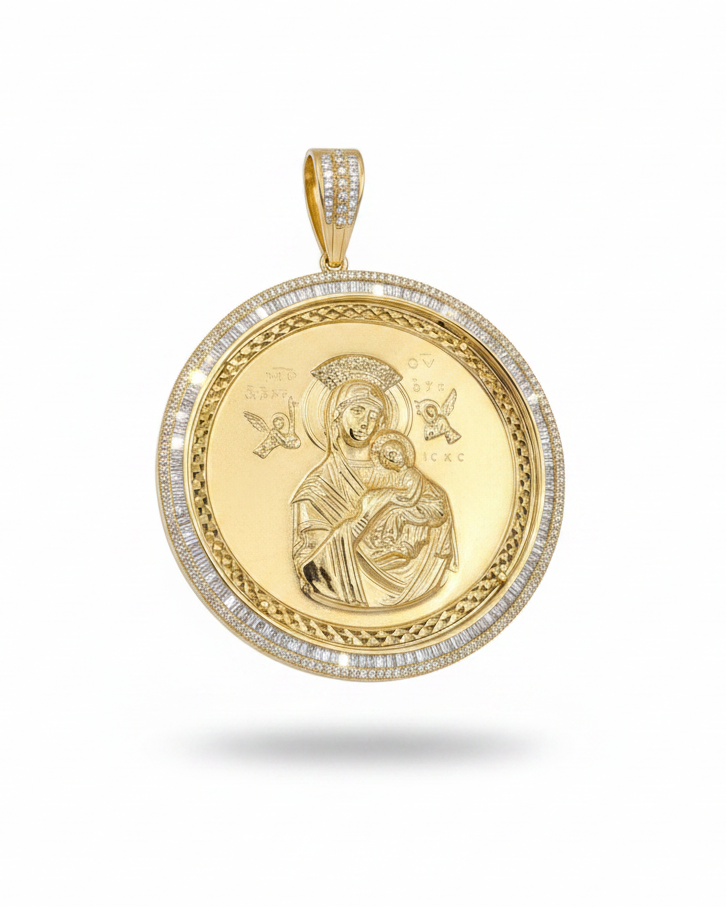 Mother & Child Medallion Diamond Necklace Pendant 14K