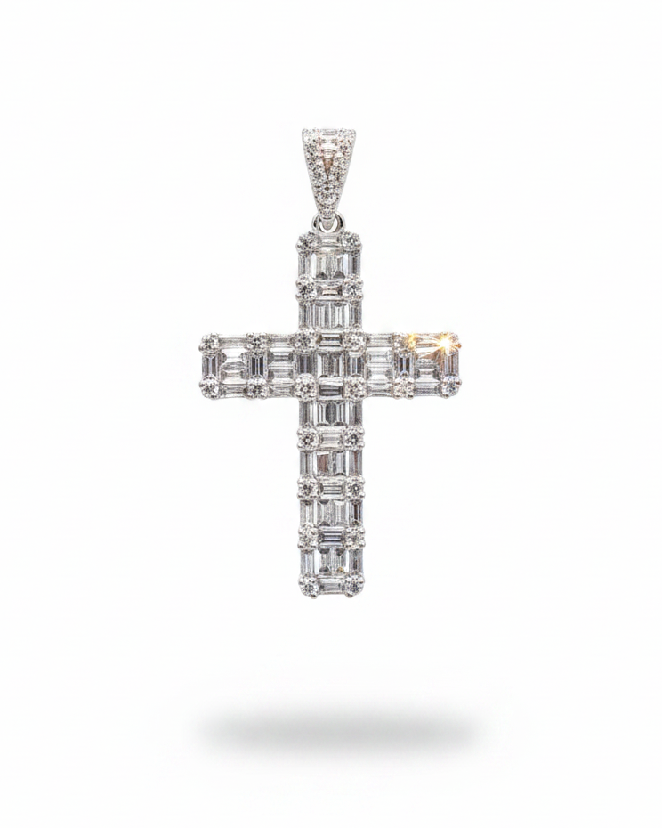 Baguette Paved Cross Diamond Necklace Pendant 14K