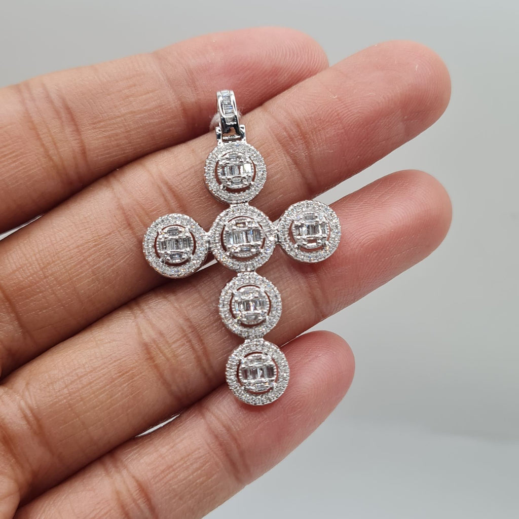 Round Halo Paved Cross Diamond Necklace Pendant 14K