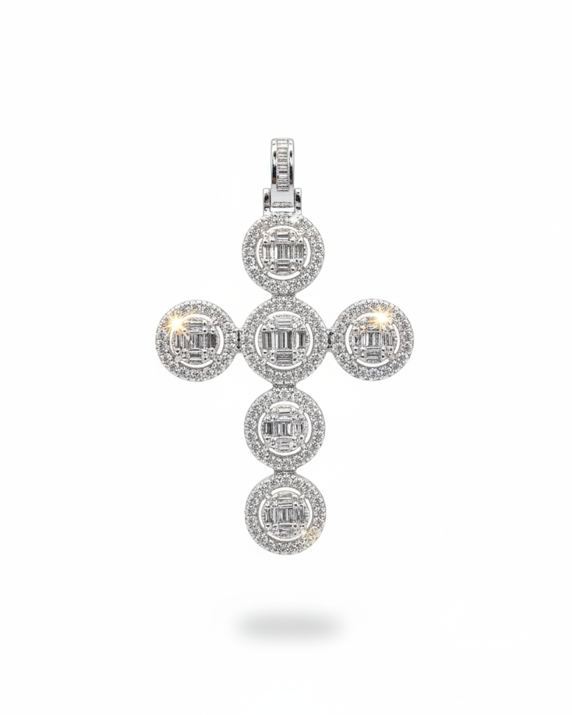 Round Halo Paved Cross Diamond Necklace Pendant 14K