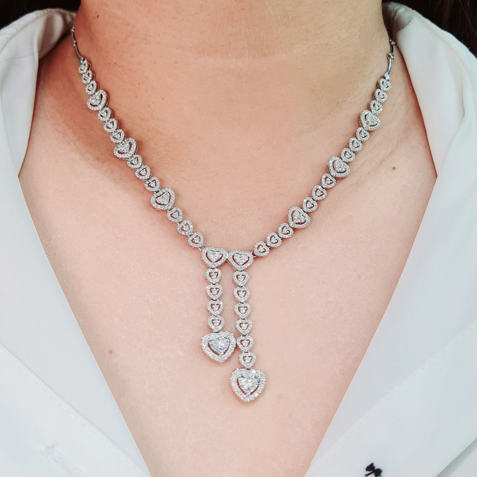 Classic Heart Pave Drop Statement Diamond Necklace 14K