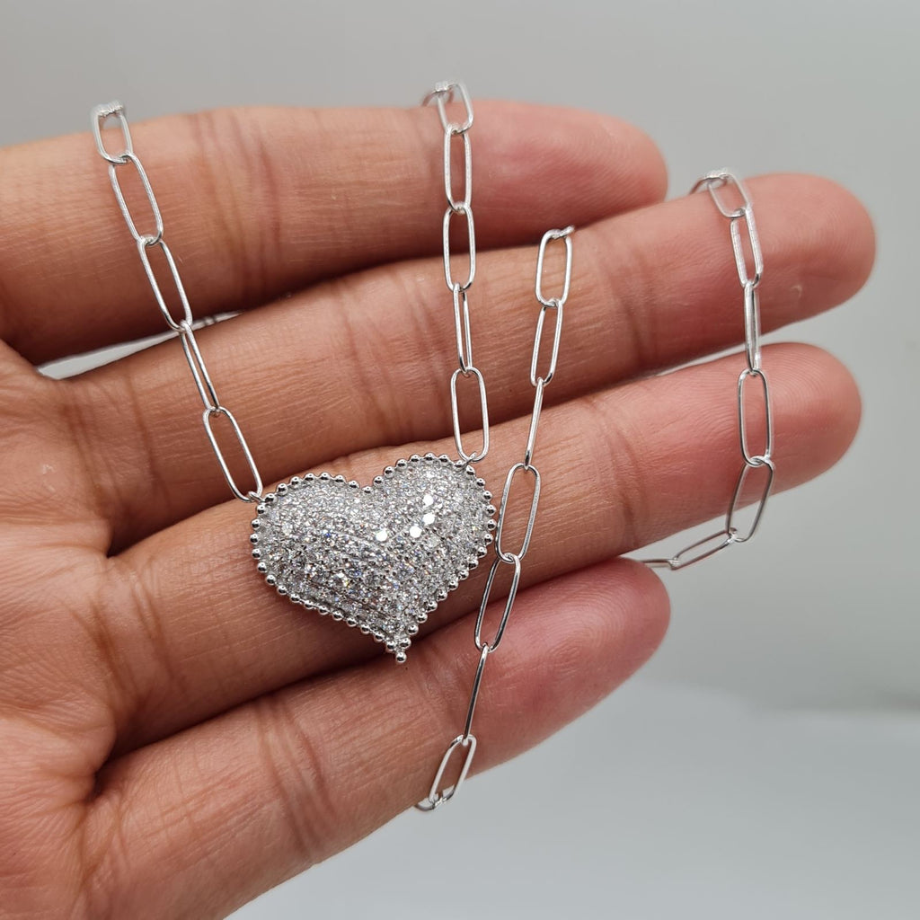 Classic Heart Large Studded Paperclip Chain Diamond Necklace 14K