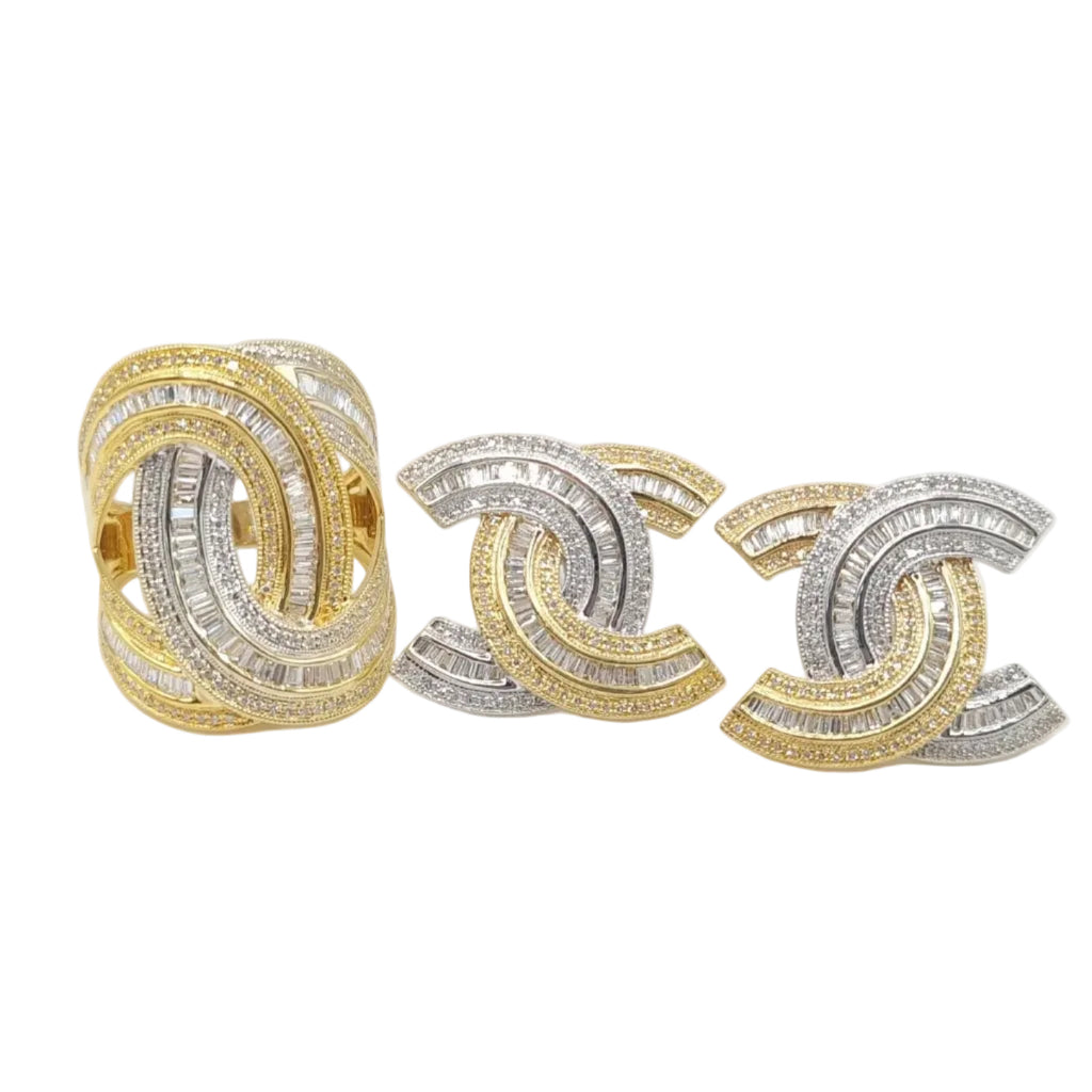 Two Tone Crossover Statement Diamond Jewelry Set 14K