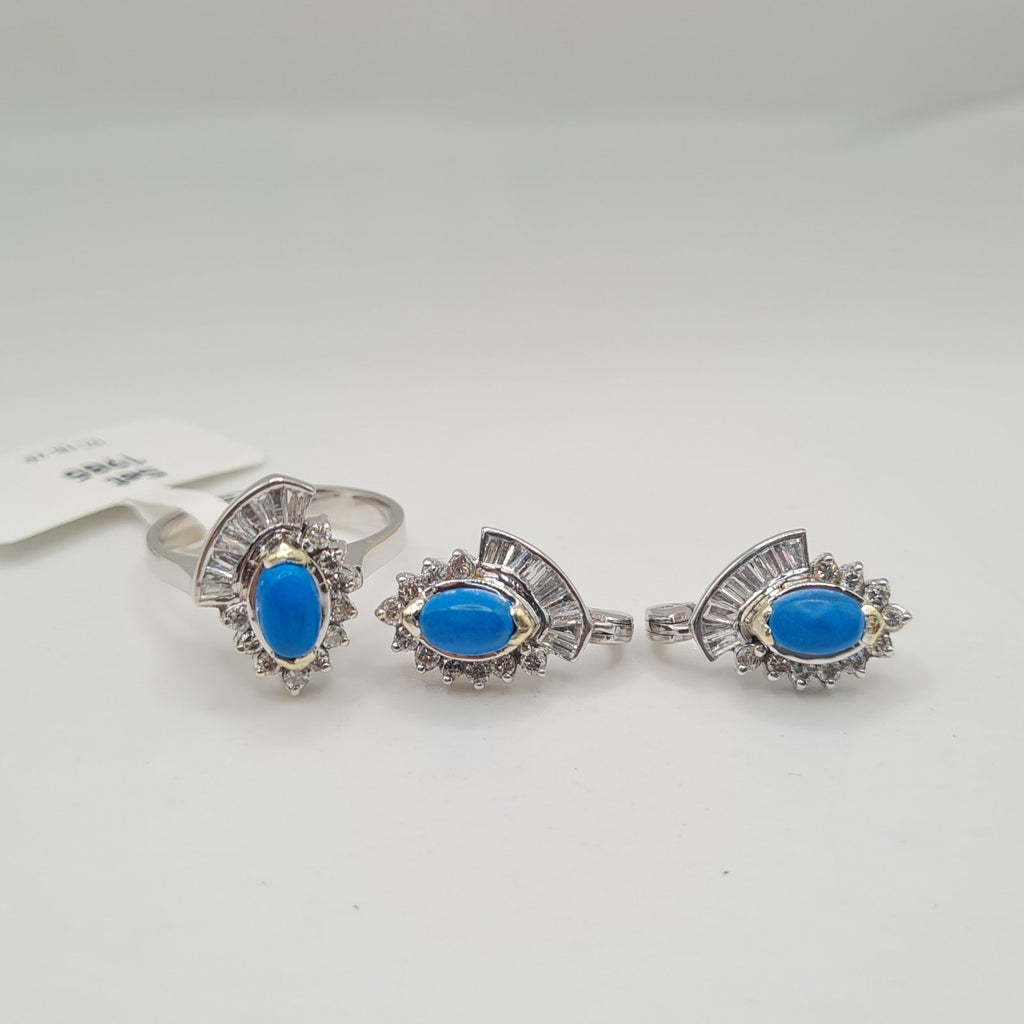 Turquoise Gemstones Deco Diamond Jewelry Set 14K