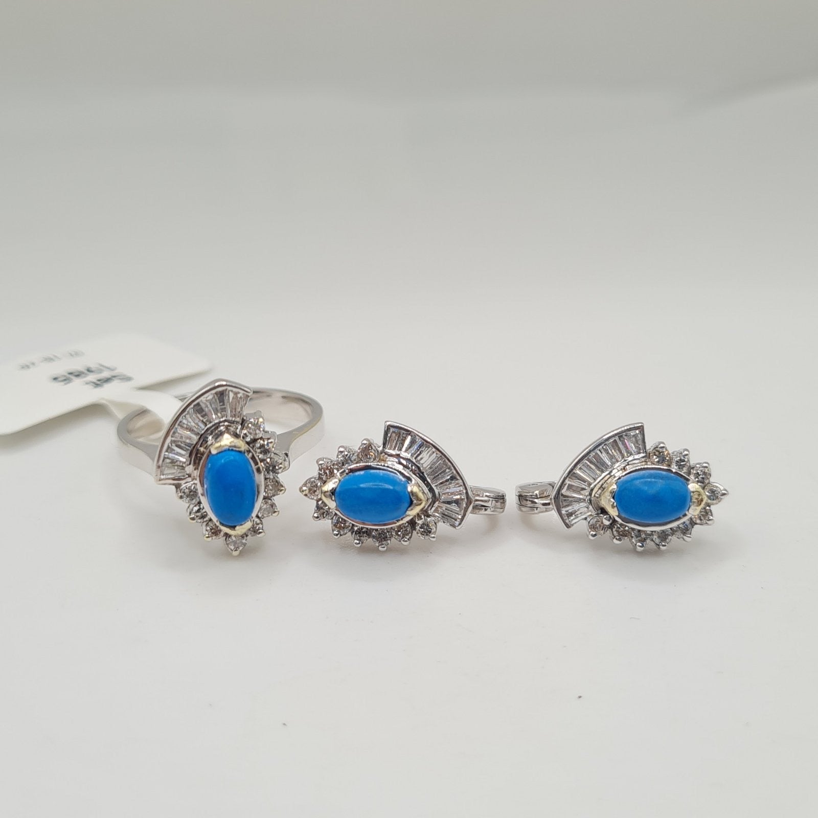 Turquoise Gemstones Deco Diamond Jewelry Set 14K
