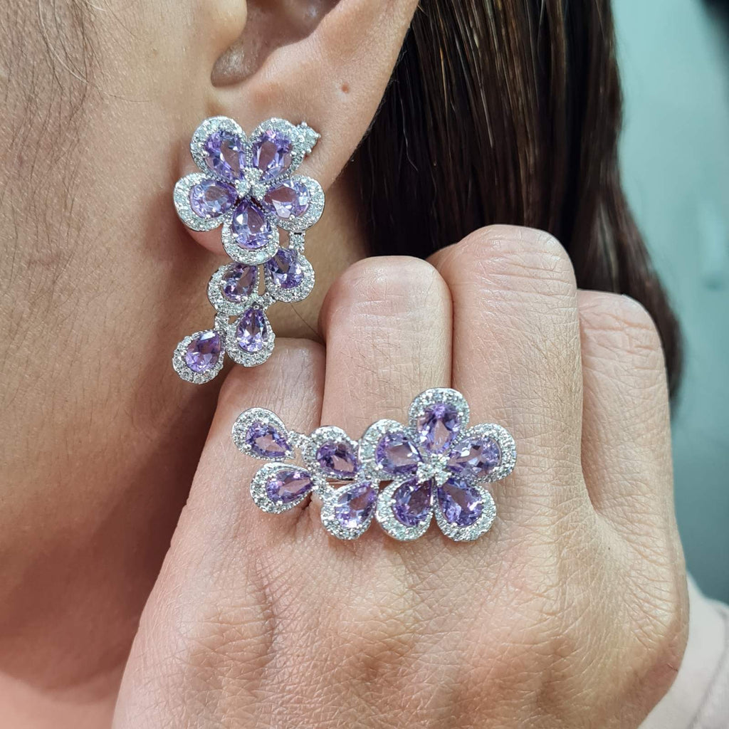 Amethyst Gemstones Floral Deco Diamond Jewelry Set 14K