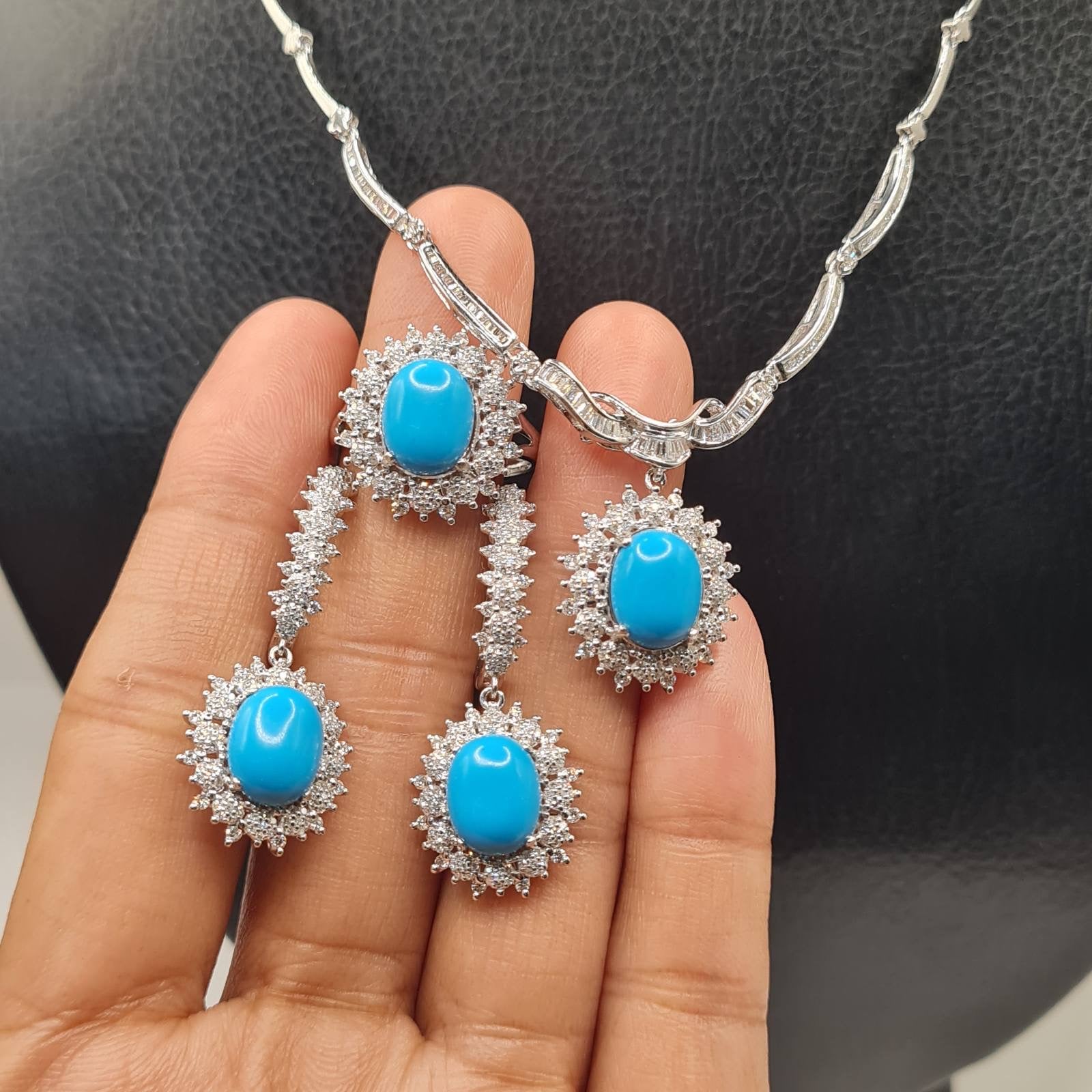 Turquoise Gemstones Oval Drop Diamond Jewelry Set 14K