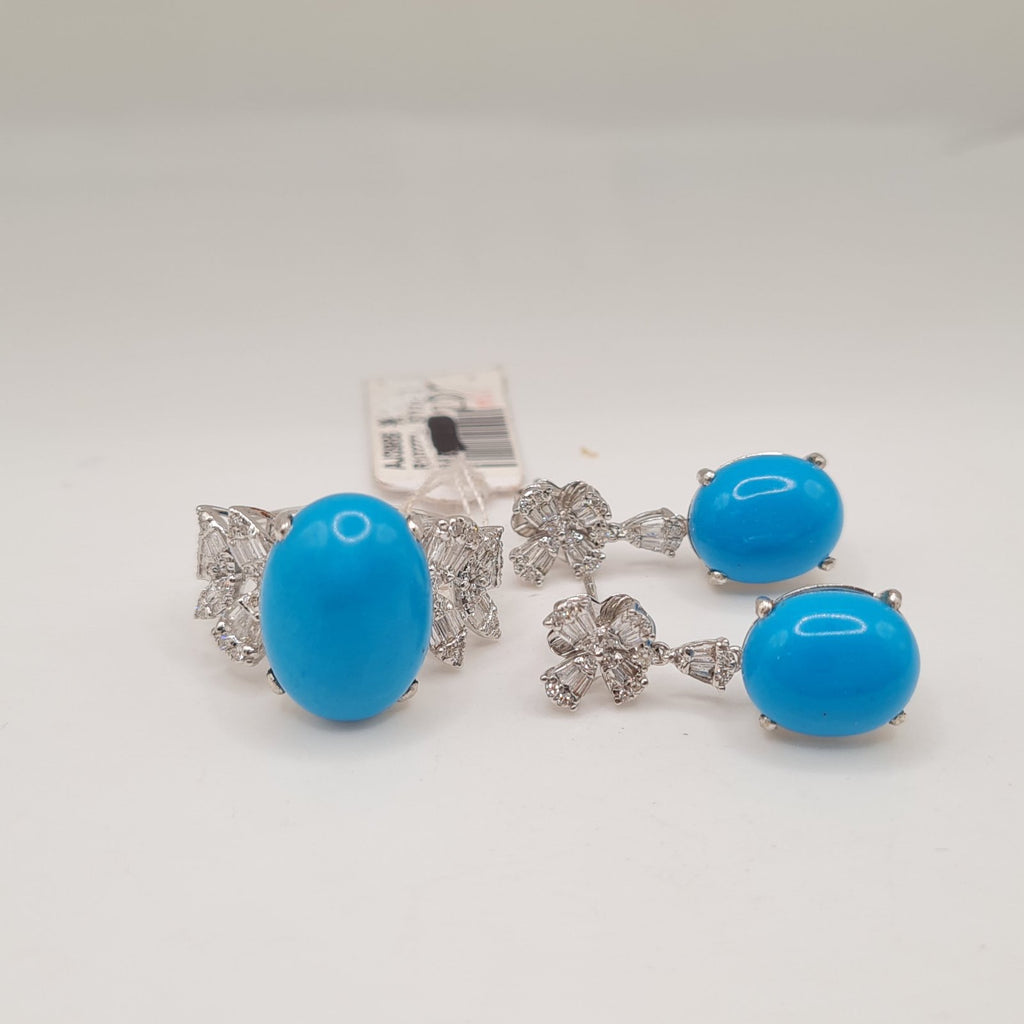Turquoise Gemstones Floral Drop Diamond Jewelry Set 14K